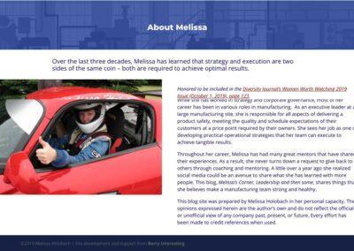screenshot of the newly redesigned about page of Melissa Holobach's website