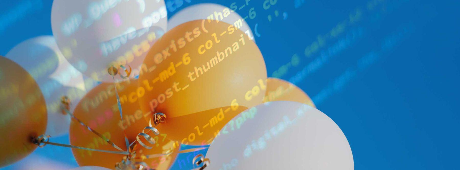 a view from below of white and gold balloons, tied together with gold curly ribbon, against a clear blue sky. Overlaid on this image is a 20% transparent shot of WordPress javascript code. Photos thanks to Felipe Santana and Shahadat Rahman via Unsplash.