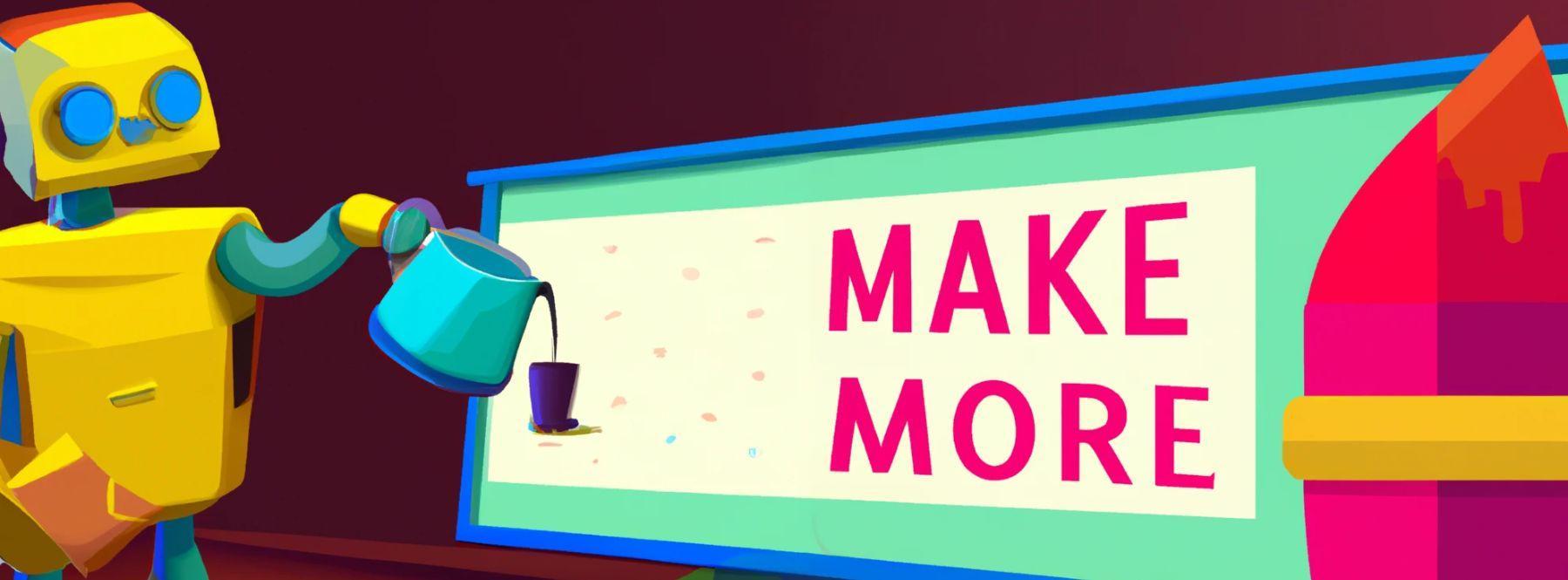 An AI-generated image of a yellow robot with blue eyes smiling and pouring coffee into a mug on a computer screen. Also on the screen are the words MAKE MORE. Generated by DALL-E-2 and edited by the BIPi team.