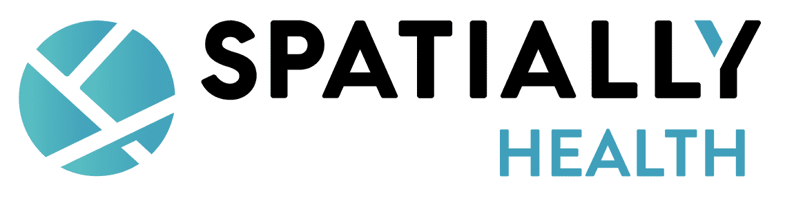 the spatially health logo. To the left is the spatially mark - a turquoise circle crisscrossed with asymmetrical lines. to the right are the words SPATIALLY in black and, beneath that in smaller type and right aligned, the word HEALTH