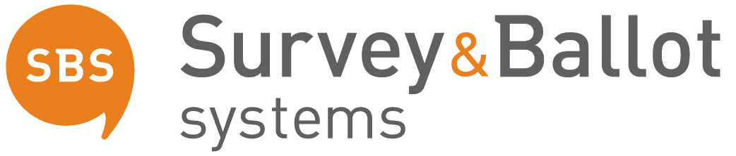 survey and ballot systems logo - an orange speech bubble with SBS in white inside on the left; the words Survey & Ballot Systems on the right